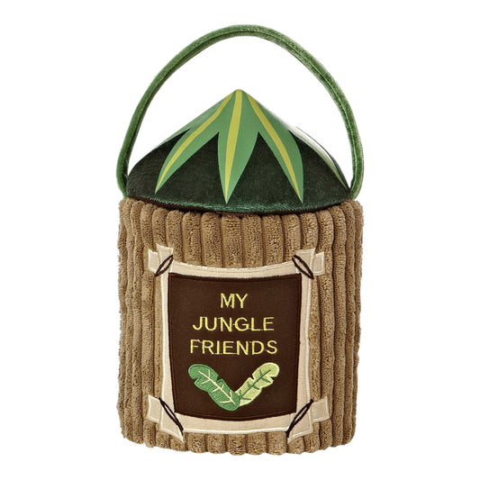 Aurora World Ebba Baby Talk My Jungle Friends plush set featuring jungle carrier, chattering monkey, roaring tiger, rattle giraffe, and squeaking elephant.