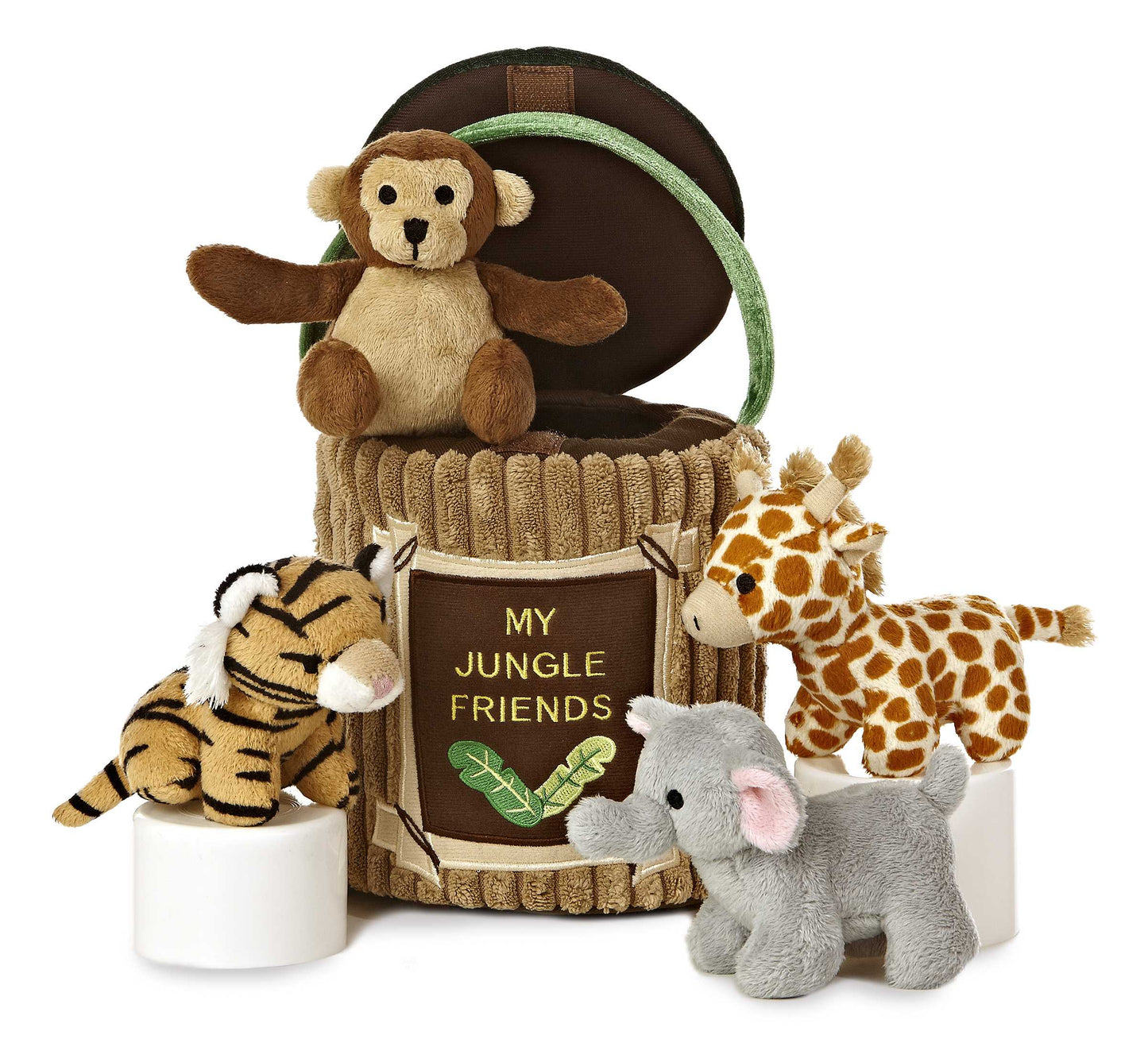 Aurora World Ebba Baby Talk My Jungle Friends plush set featuring jungle carrier, chattering monkey, roaring tiger, rattle giraffe, and squeaking elephant.