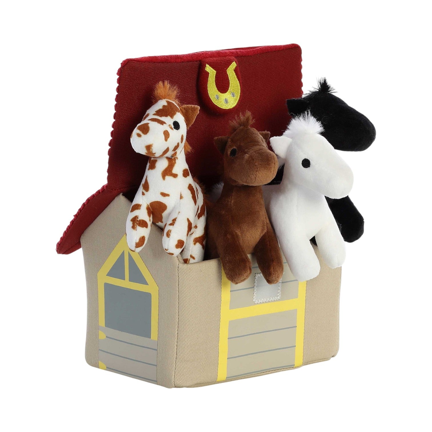 Aurora World Ebba Baby Talk My Stable plush set featuring barn carrier, winnying brown horse, rattle white horse, and crinkle black horse.