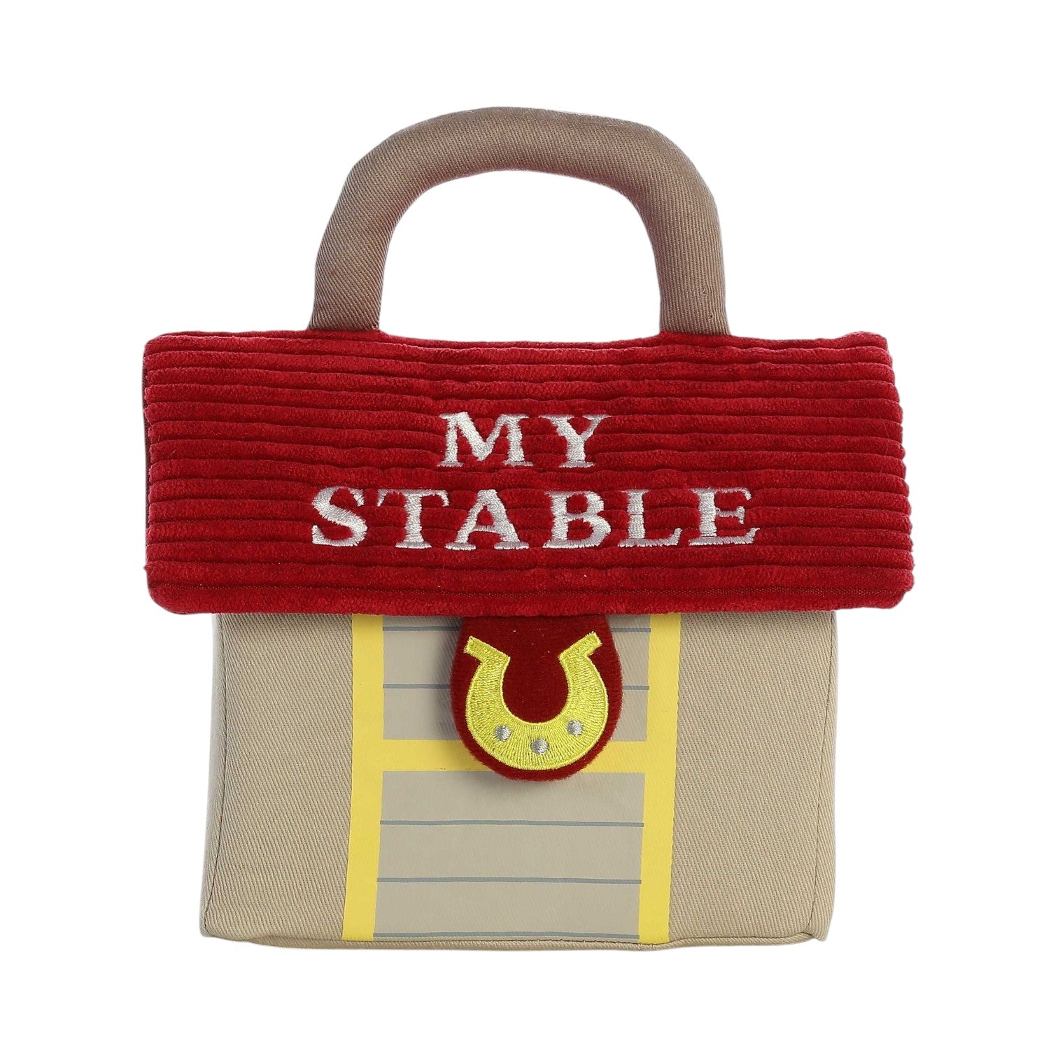 Aurora World Ebba Baby Talk My Stable plush set featuring barn carrier, winnying brown horse, rattle white horse, and crinkle black horse.