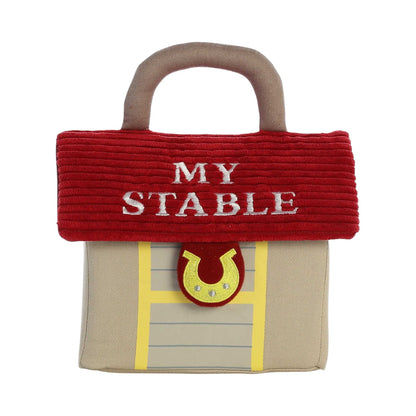 Aurora World Ebba Baby Talk My Stable plush set featuring barn carrier, winnying brown horse, rattle white horse, and crinkle black horse.