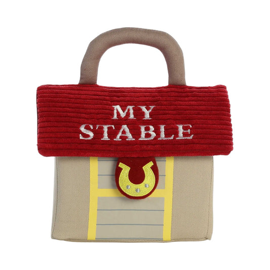 Aurora World Ebba Baby Talk My Stable plush set featuring barn carrier, winnying brown horse, rattle white horse, and crinkle black horse.