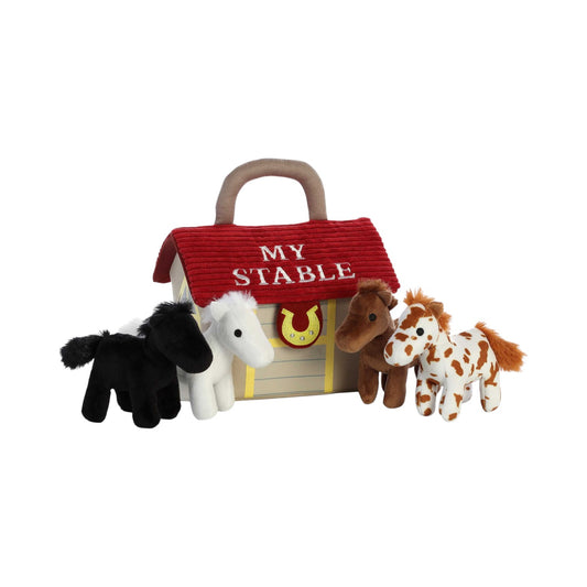 Aurora World Ebba Baby Talk My Stable plush set featuring barn carrier, winnying brown horse, rattle white horse, and crinkle black horse.