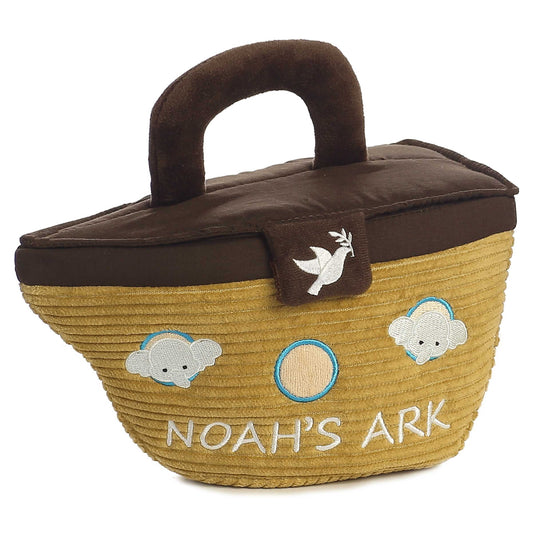Aurora World Ebba Baby Talk Noah's Ark plush set featuring ark carrier, roaring lion, squeaking zebra, rattle giraffe, and trumpeting elephant.