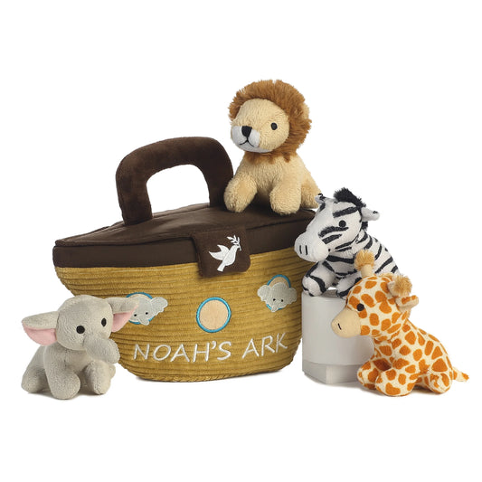 Aurora World Ebba Baby Talk Noah's Ark plush set featuring ark carrier, roaring lion, squeaking zebra, rattle giraffe, and trumpeting elephant.