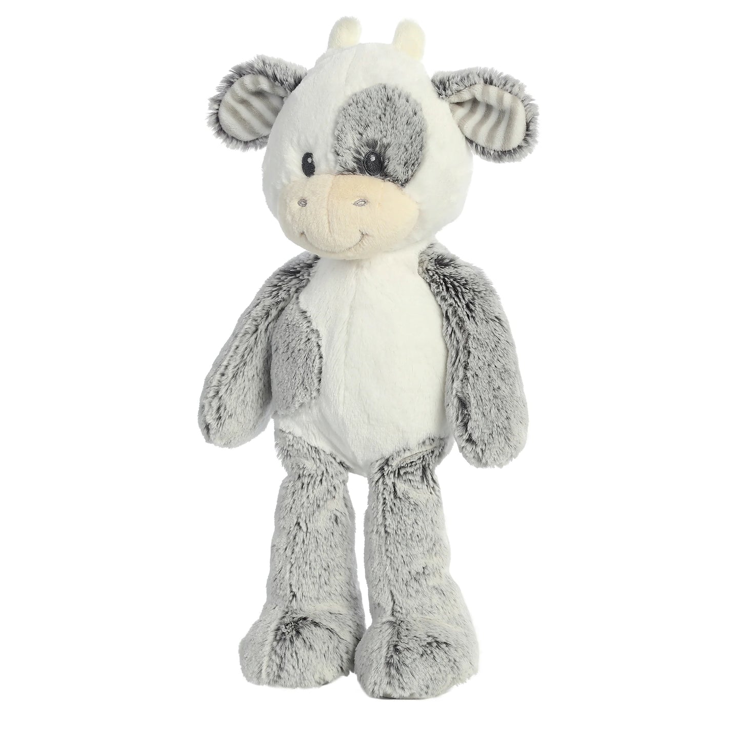 Aurora World Ebba Cuddlers Coby Cow 14-Inch plush featuring soft grey and white fur, a grey eye patch, and striped foot pads.