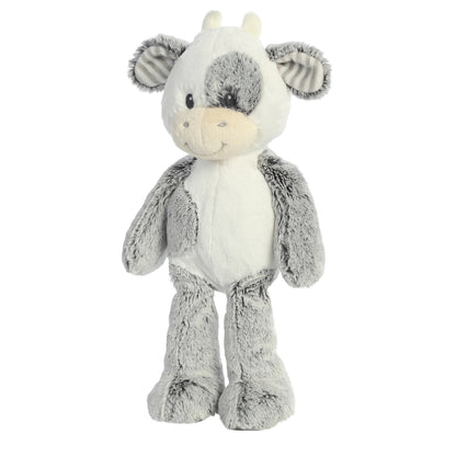 Aurora World Ebba Cuddlers Coby Cow 14-Inch plush featuring soft grey and white fur, a grey eye patch, and striped foot pads.