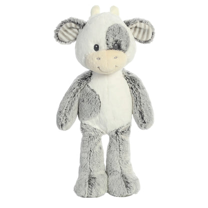 Aurora World Ebba Cuddlers Coby Cow 14-Inch plush featuring soft grey and white fur, a grey eye patch, and striped foot pads.