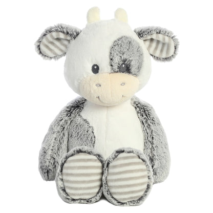 Aurora World Ebba Cuddlers Coby Cow 14-Inch plush featuring soft grey and white fur, a grey eye patch, and striped foot pads.