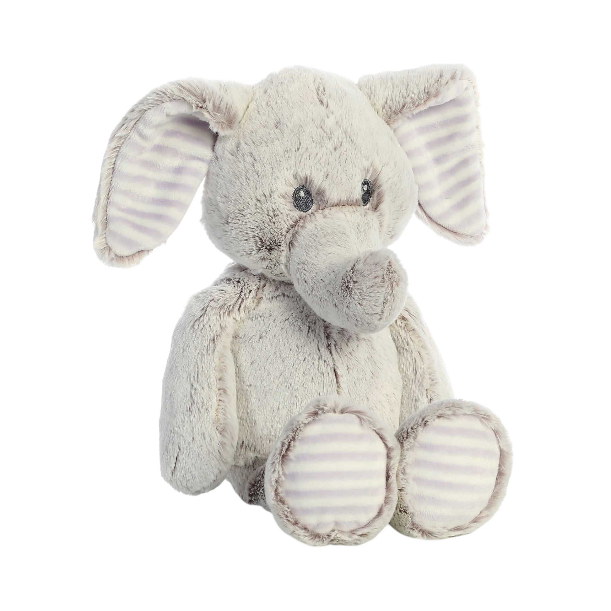Aurora World Ebba Cuddlers Elvin Elephant 14-Inch plush featuring soft grey fur, floppy arms, and striped inner ears.