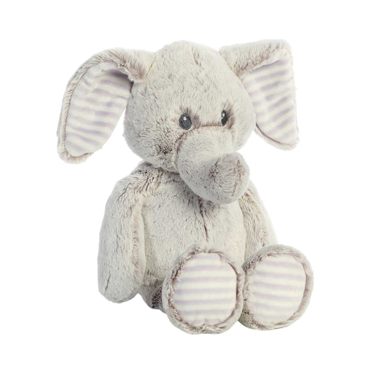 Aurora World Ebba Cuddlers Elvin Elephant 14-Inch plush featuring soft grey fur, floppy arms, and striped inner ears.