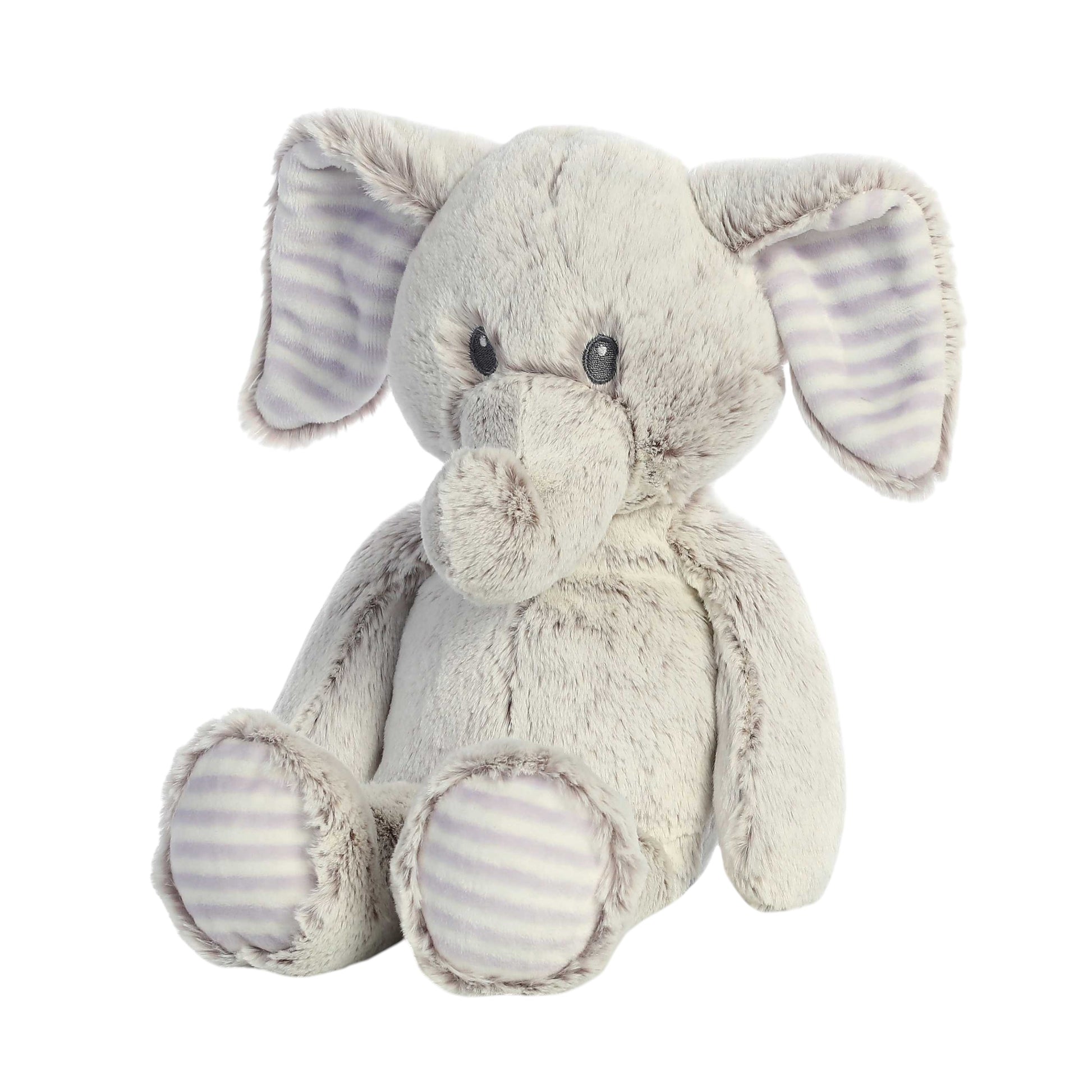 Aurora World Ebba Cuddlers Elvin Elephant 14-Inch plush featuring soft grey fur, floppy arms, and striped inner ears.