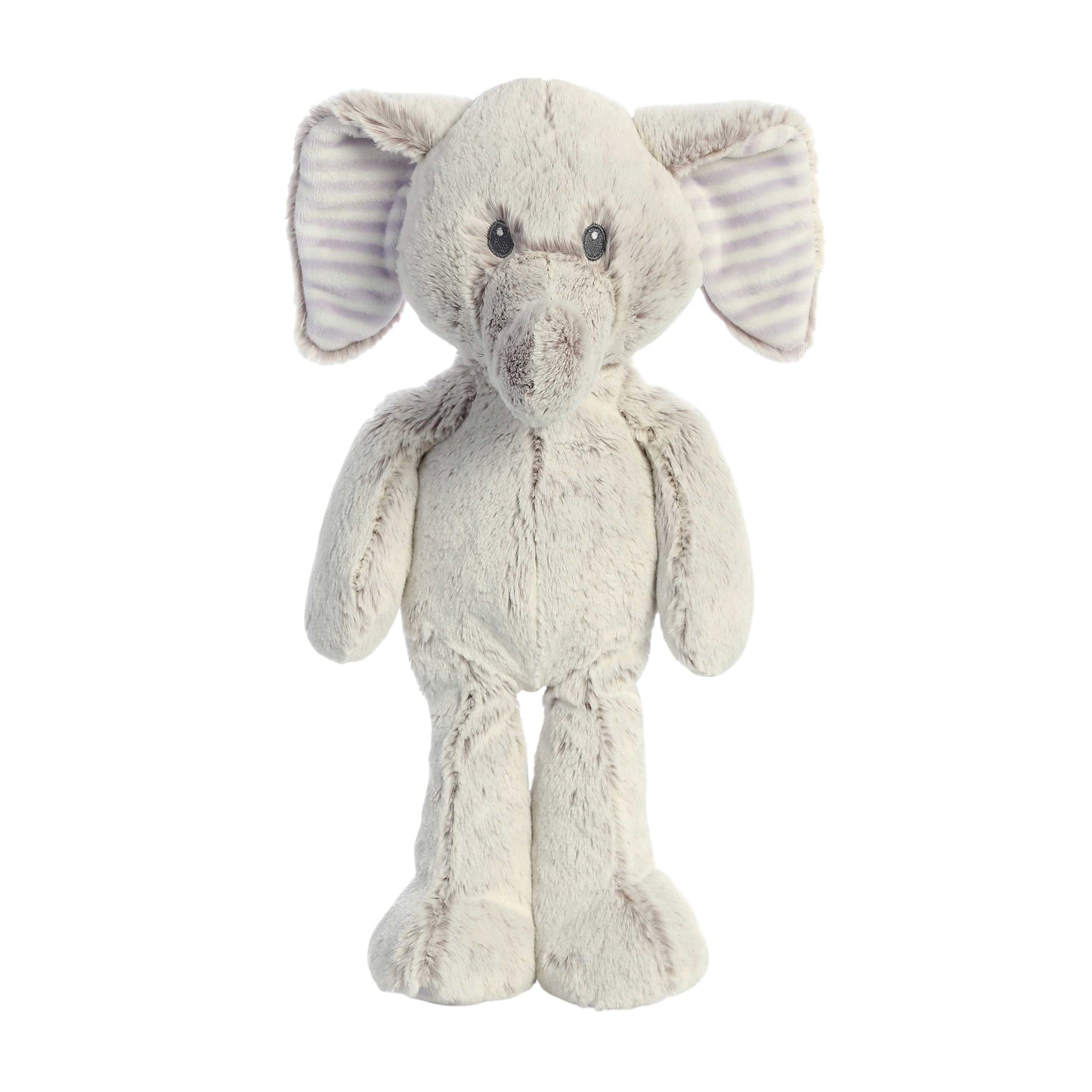 Aurora World Ebba Cuddlers Elvin Elephant 14-Inch plush featuring soft grey fur, floppy arms, and striped inner ears.