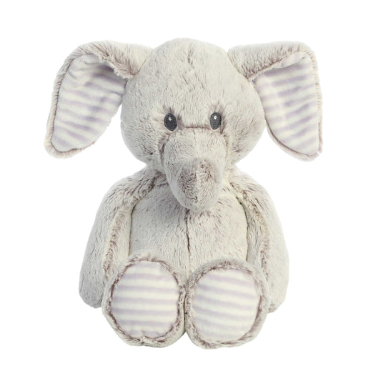 Aurora World Ebba Cuddlers Elvin Elephant 14-Inch plush featuring soft grey fur, floppy arms, and striped inner ears.