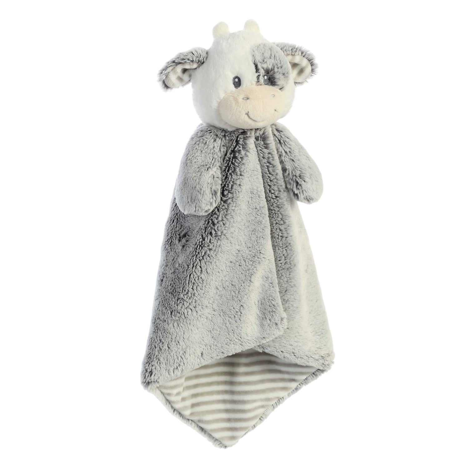 Aurora World Ebba Cuddlers Luvster Coby Cow 16-Inch plush featuring a stuffed head, grey fur body, and striped underbelly blanket design.