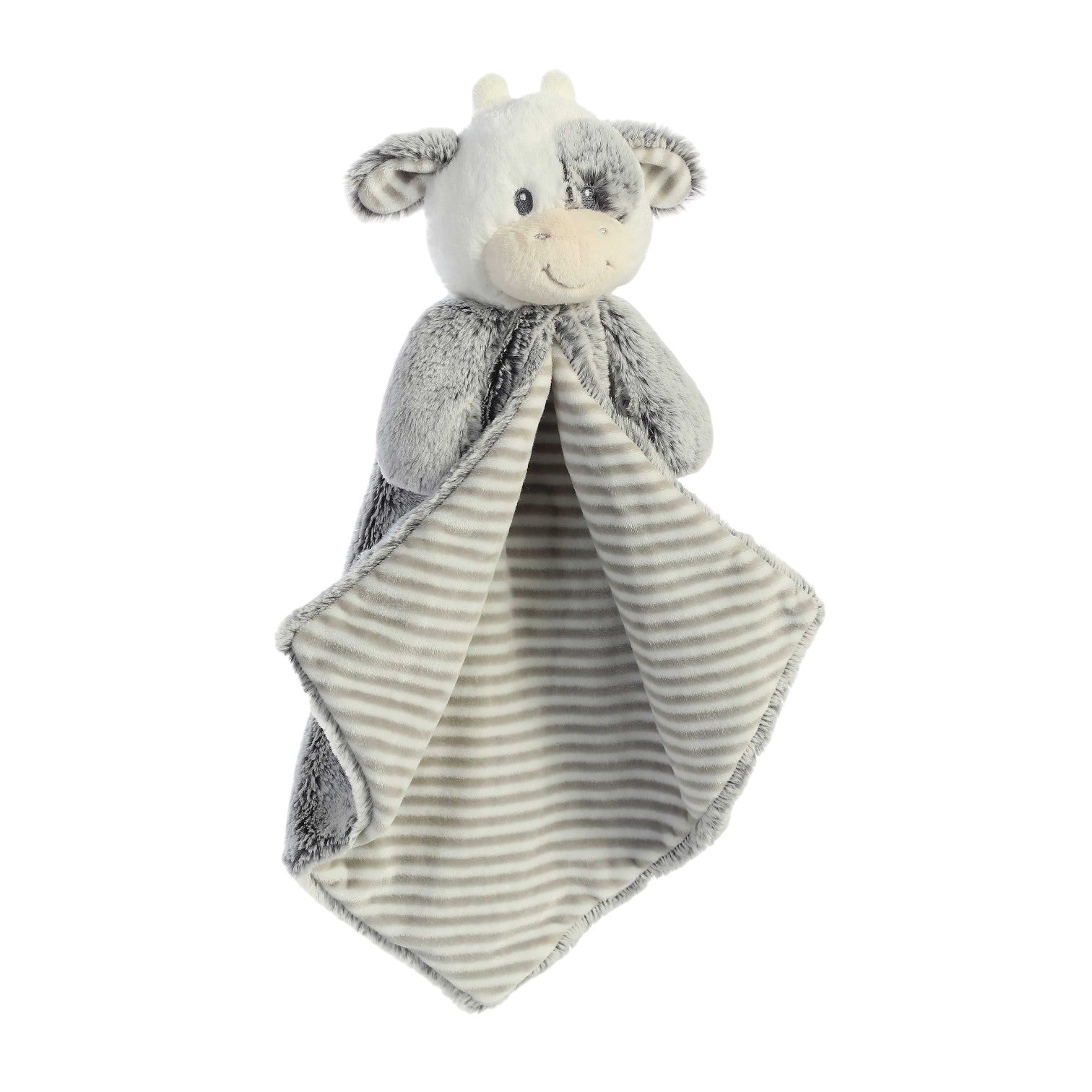 Aurora World Ebba Cuddlers Luvster Coby Cow 16-Inch plush featuring a stuffed head, grey fur body, and striped underbelly blanket design.