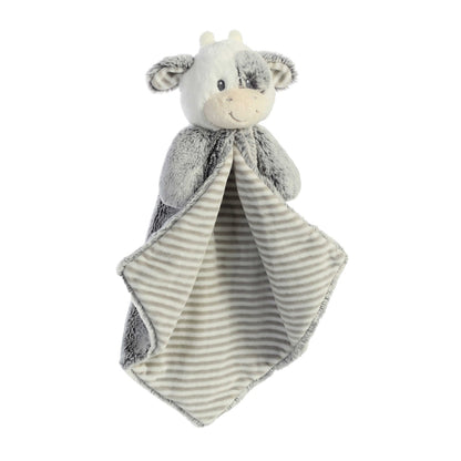 Aurora World Ebba Cuddlers Luvster Coby Cow 16-Inch plush featuring a stuffed head, grey fur body, and striped underbelly blanket design.