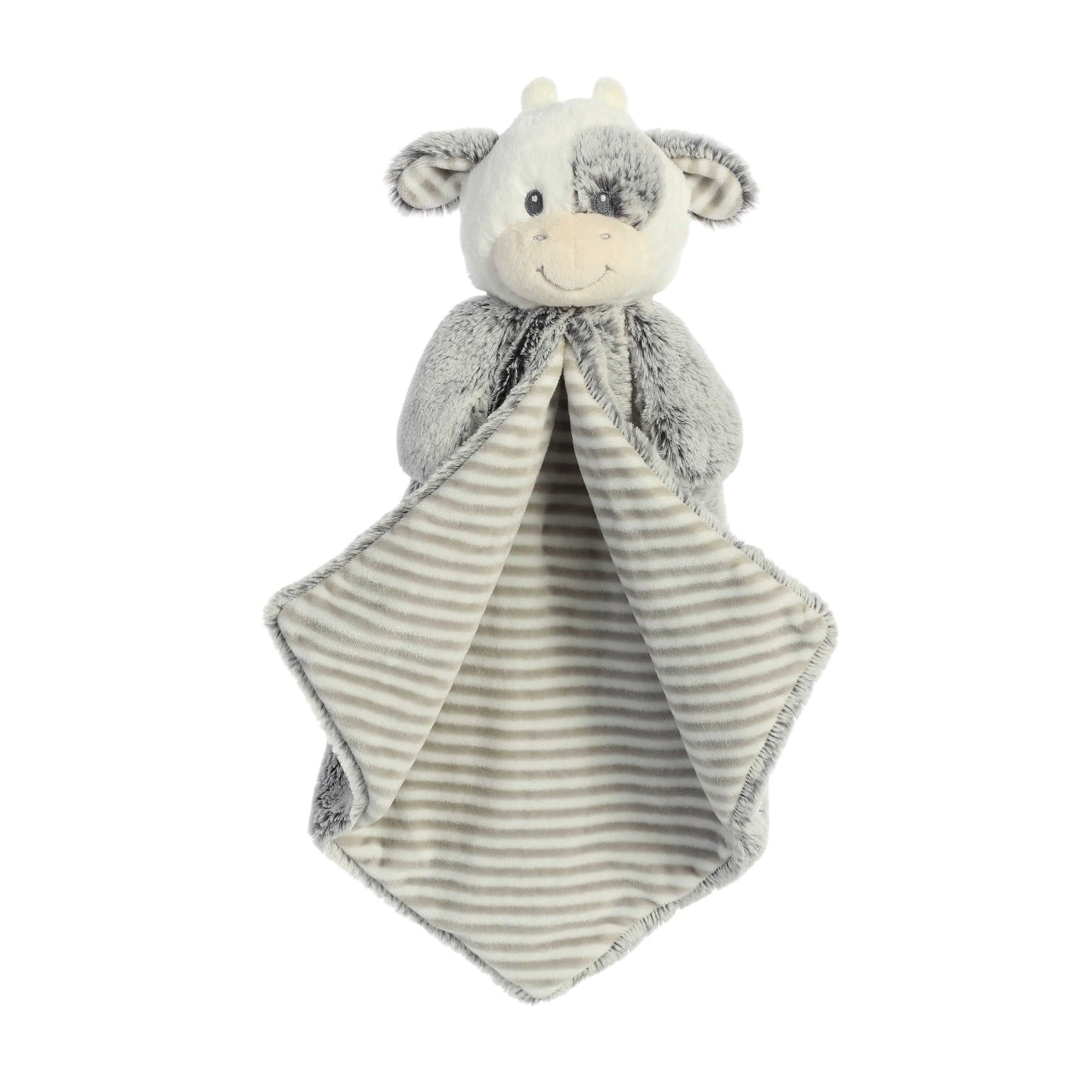 Aurora World Ebba Cuddlers Luvster Coby Cow 16-Inch plush featuring a stuffed head, grey fur body, and striped underbelly blanket design.