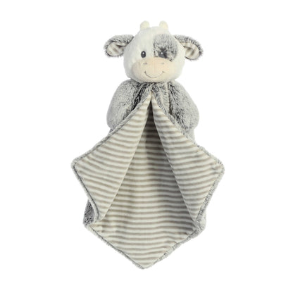 Aurora World Ebba Cuddlers Luvster Coby Cow 16-Inch plush featuring a stuffed head, grey fur body, and striped underbelly blanket design.