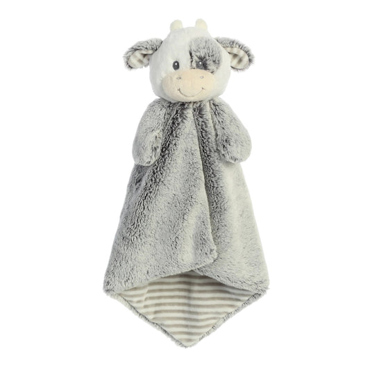 Aurora World Ebba Cuddlers Luvster Coby Cow 16-Inch plush featuring a stuffed head, grey fur body, and striped underbelly blanket design.