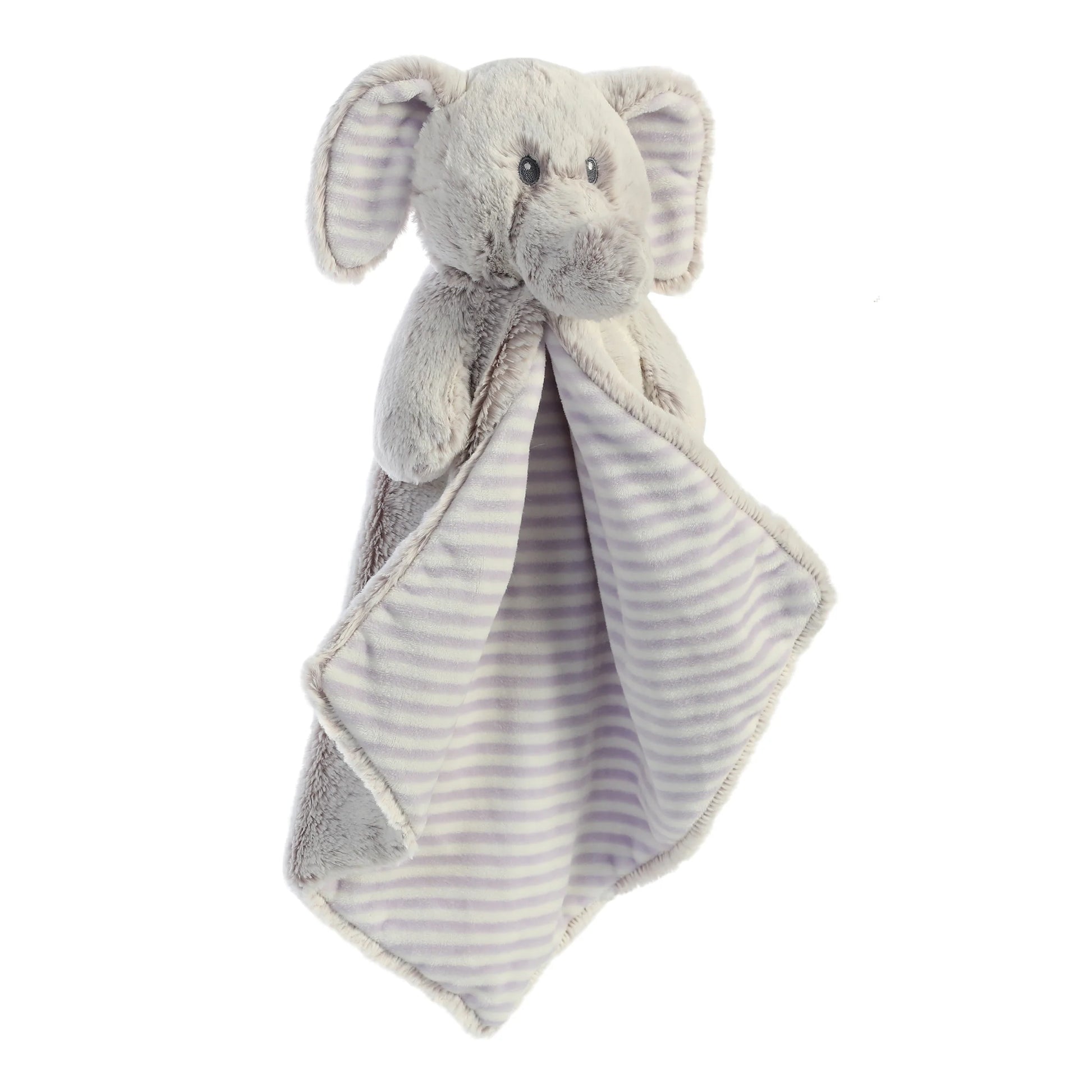 Aurora World Ebba Cuddlers Luvster Elvin Elephant 16-Inch plush featuring a stuffed head, grey fur body, and striped underbelly blanket design.