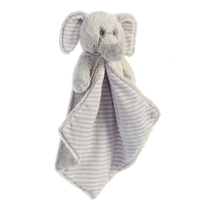 Aurora World Ebba Cuddlers Luvster Elvin Elephant 16-Inch plush featuring a stuffed head, grey fur body, and striped underbelly blanket design.