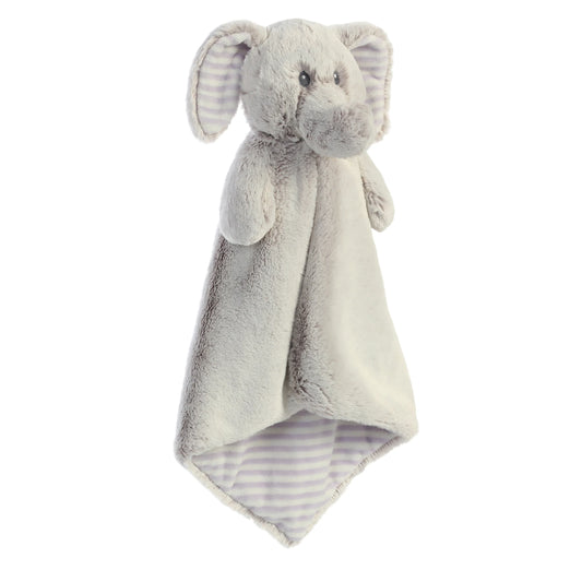 Aurora World Ebba Cuddlers Luvster Elvin Elephant 16-Inch plush featuring a stuffed head, grey fur body, and striped underbelly blanket design.