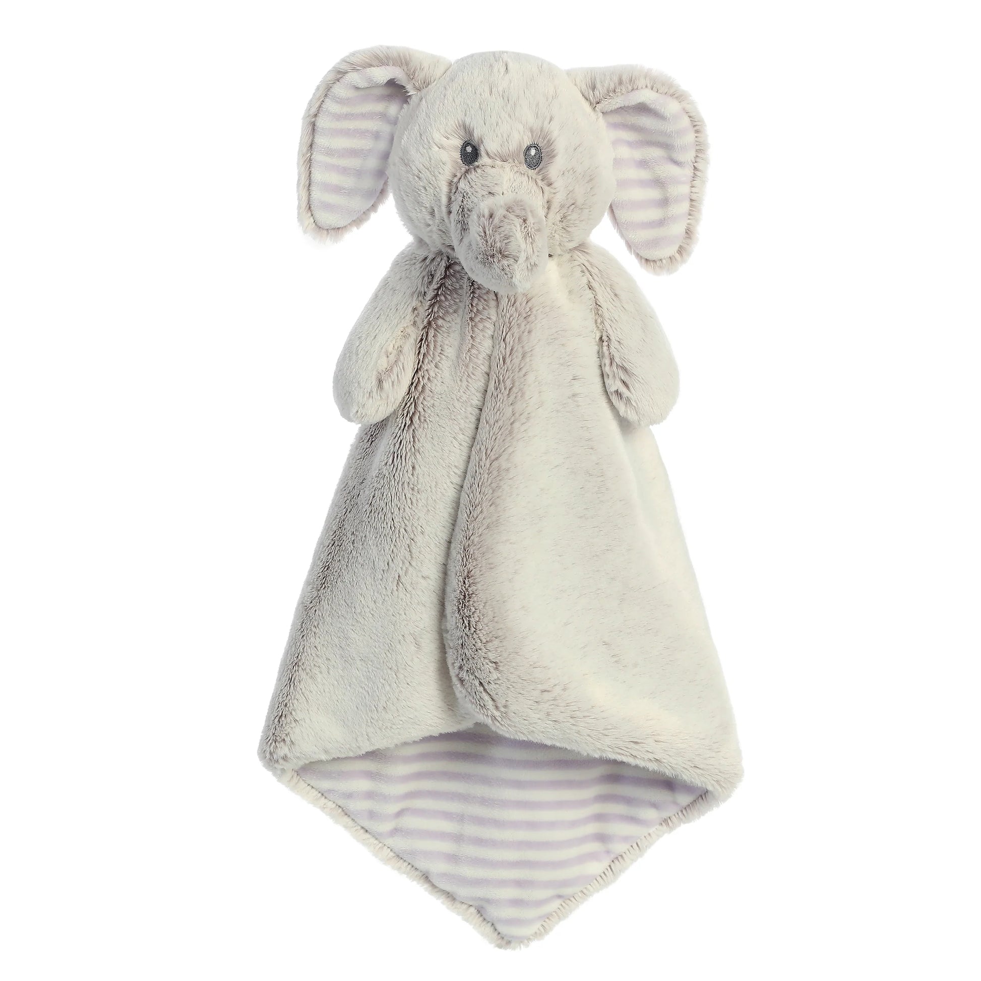 Aurora World Ebba Cuddlers Luvster Elvin Elephant 16-Inch plush featuring a stuffed head, grey fur body, and striped underbelly blanket design.