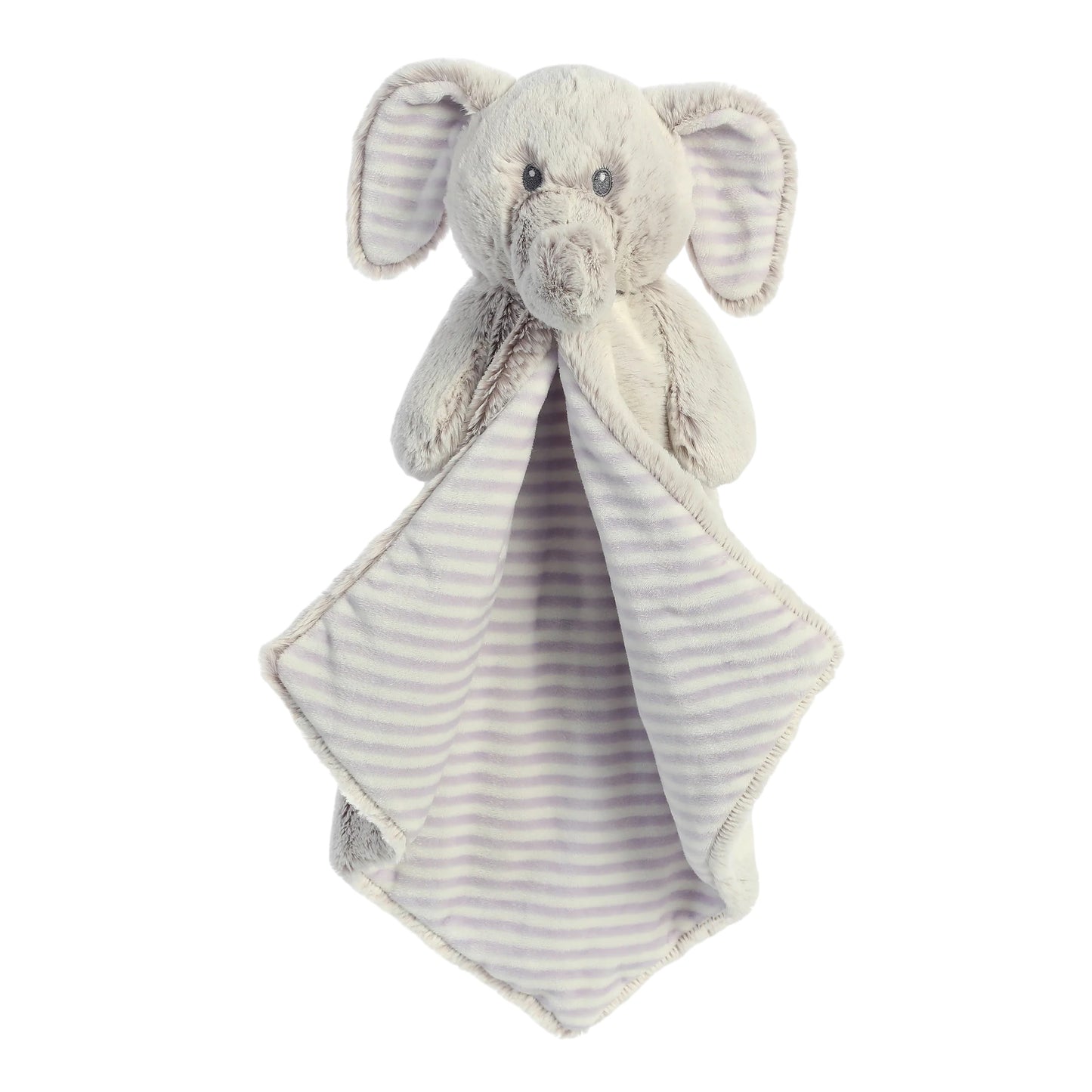 Aurora World Ebba Cuddlers Luvster Elvin Elephant 16-Inch plush featuring a stuffed head, grey fur body, and striped underbelly blanket design.