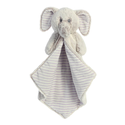 Aurora World Ebba Cuddlers Luvster Elvin Elephant 16-Inch plush featuring a stuffed head, grey fur body, and striped underbelly blanket design.