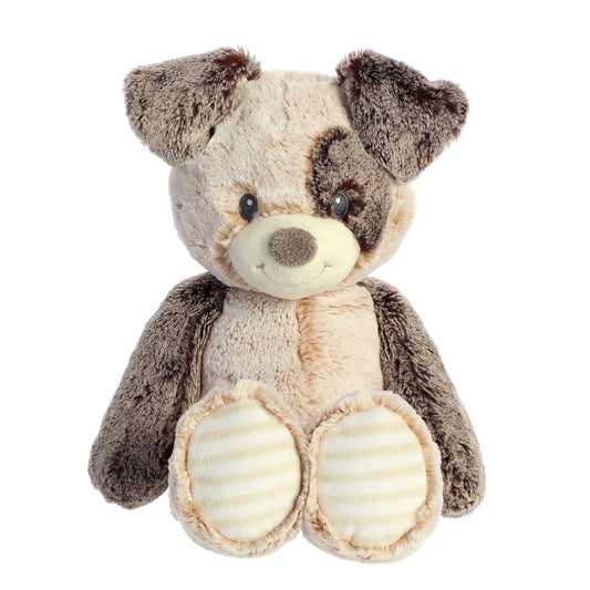 Aurora World Ebba Cuddlers Pocko Puppy 14-Inch plush featuring two-toned brown fur, a puppy eye patch, and striped footpads.