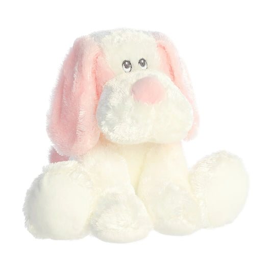 Aurora World Ebba Dafney Pink Puppy 9-Inch plush featuring buttery-soft pink and white fur, floppy ears, and safe embroidered eyes.