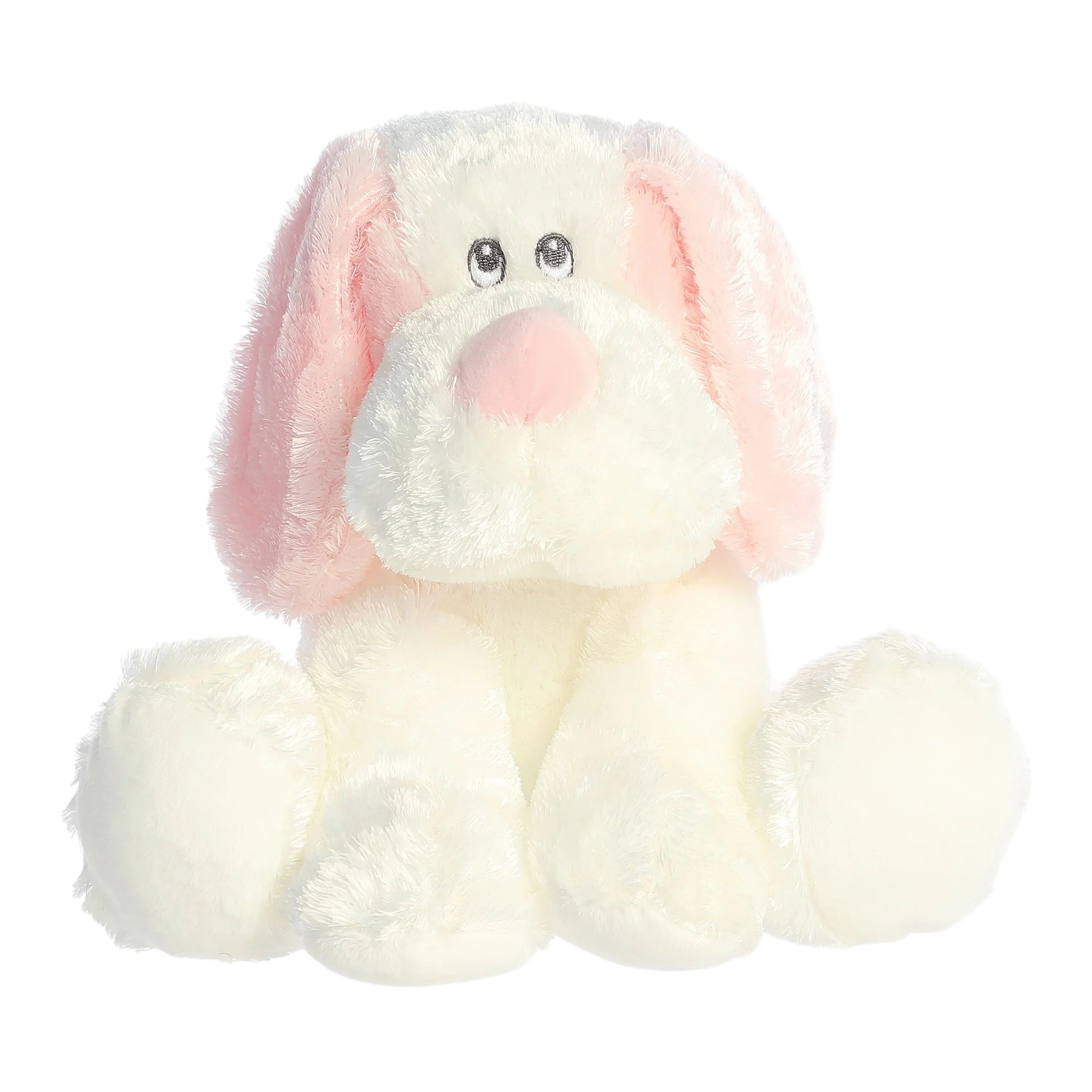 Aurora World Ebba Dafney Pink Puppy 9-Inch plush featuring buttery-soft pink and white fur, floppy ears, and safe embroidered eyes.