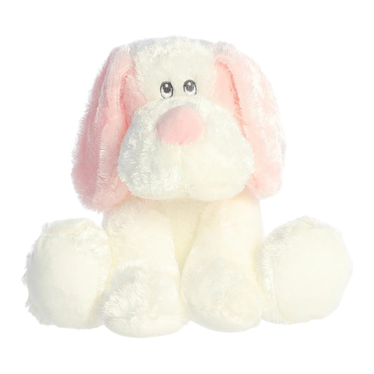 Aurora World Ebba Dafney Pink Puppy 9-Inch plush featuring buttery-soft pink and white fur, floppy ears, and safe embroidered eyes.