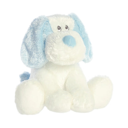 Aurora World Ebba Scruff Blue Puppy 9-Inch plush featuring buttery-soft blue and white fur, floppy ears, and safe embroidered eyes.