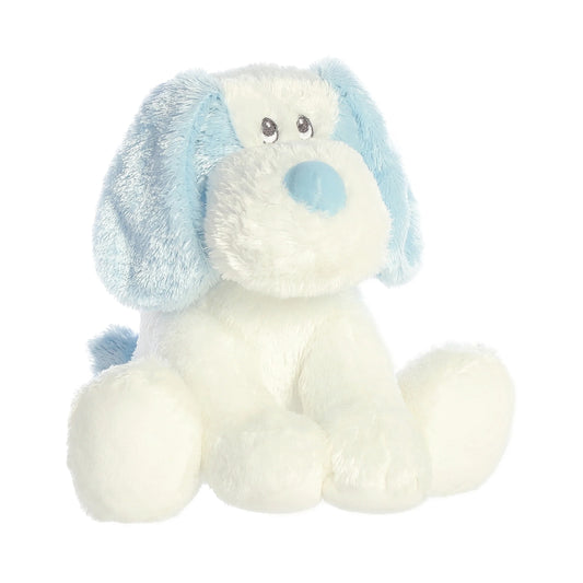 Aurora World Ebba Scruff Blue Puppy 9-Inch plush featuring buttery-soft blue and white fur, floppy ears, and safe embroidered eyes.