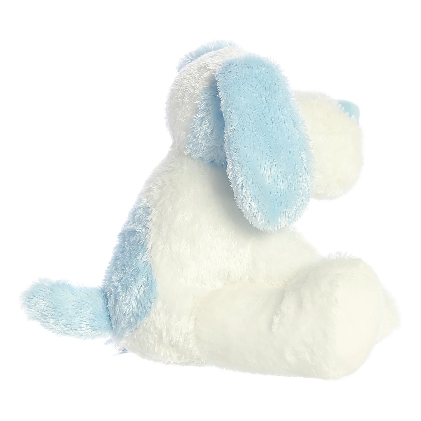 Aurora World Ebba Scruff Blue Puppy 9-Inch plush featuring buttery-soft blue and white fur, floppy ears, and safe embroidered eyes.