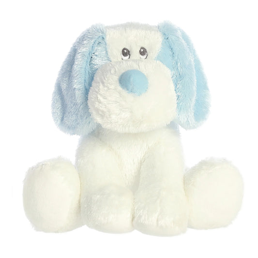 Aurora World Ebba Scruff Blue Puppy 9-Inch plush featuring buttery-soft blue and white fur, floppy ears, and safe embroidered eyes.