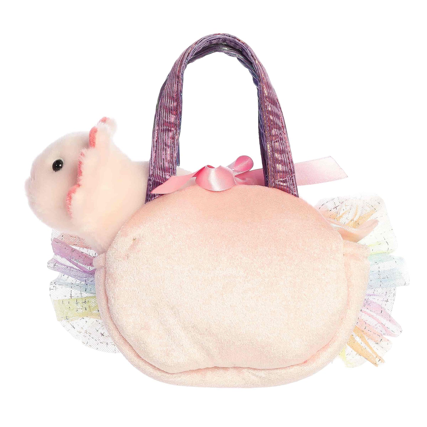Aurora World Fancy Pals Fuzzy Face Rainbow Axolotl 8.5-Inch plush set featuring removable axolotl and rainbow carrier.