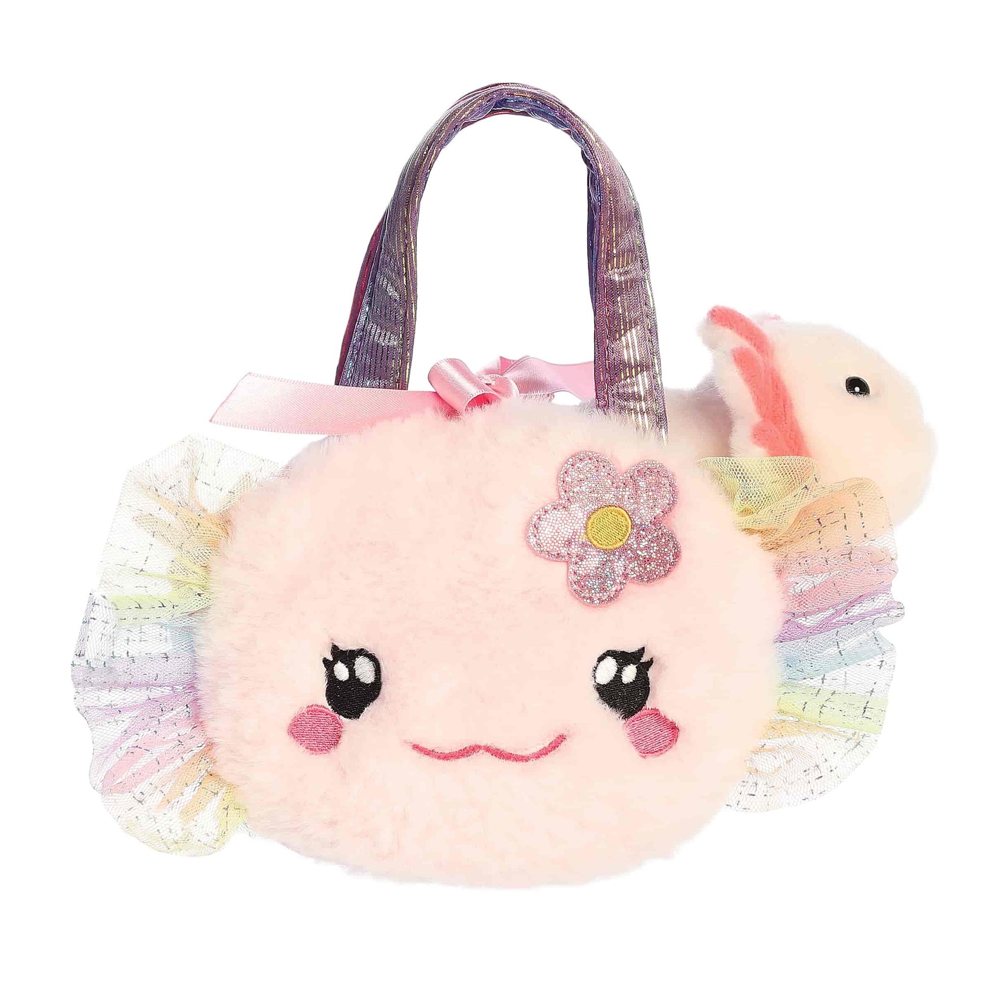 Aurora World Fancy Pals Fuzzy Face Rainbow Axolotl 8.5-Inch plush set featuring removable axolotl and rainbow carrier.