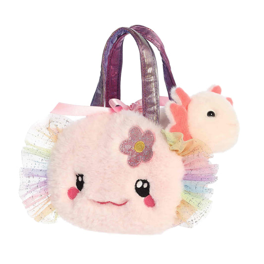 Aurora World Fancy Pals Fuzzy Face Rainbow Axolotl 8.5-Inch plush set featuring removable axolotl and rainbow carrier.