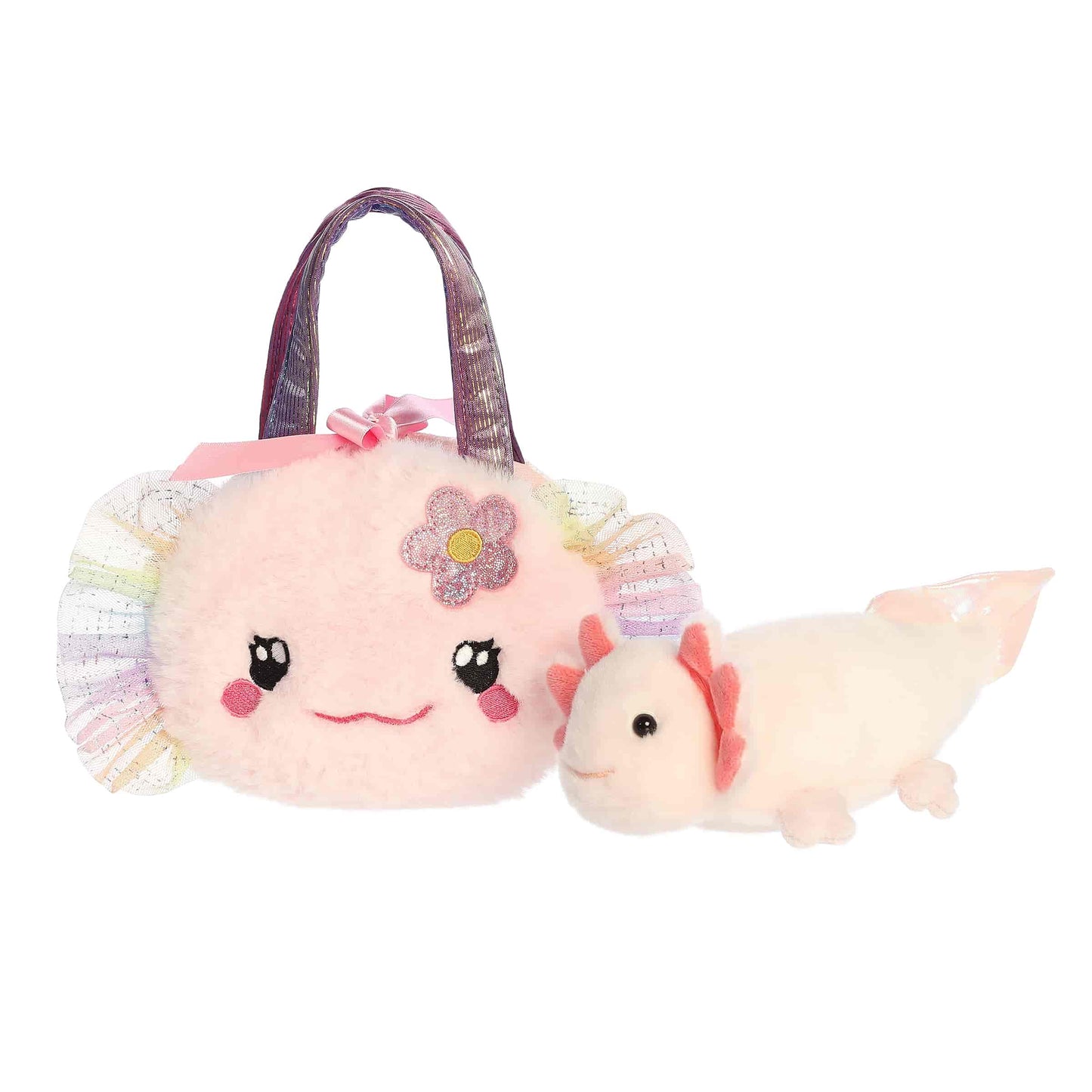 Aurora World Fancy Pals Fuzzy Face Rainbow Axolotl 8.5-Inch plush set featuring removable axolotl and rainbow carrier.