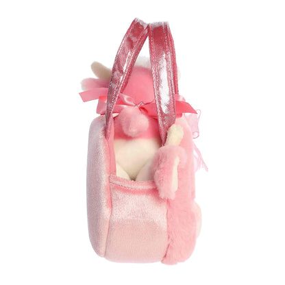 Aurora World Fancy Pals Fuzzy Face Strawberry Cow 8-Inch plush set featuring pink cow and matching carrier with sparkle handles.