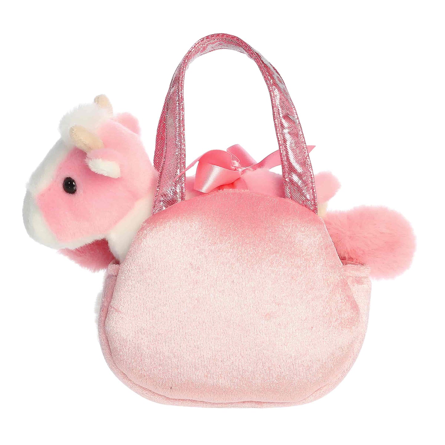 Aurora World Fancy Pals Fuzzy Face Strawberry Cow 8-Inch plush set featuring pink cow and matching carrier with sparkle handles.