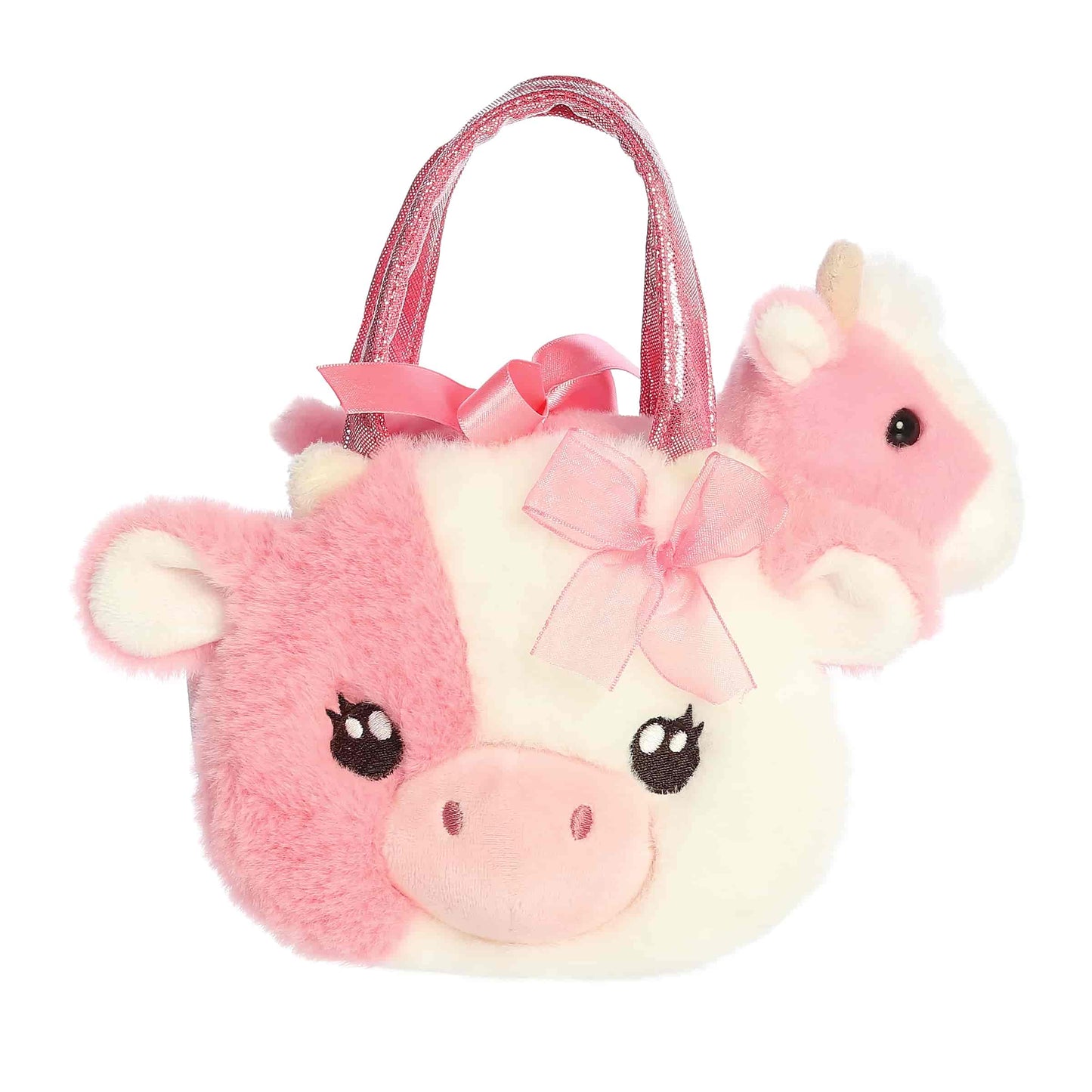 Aurora World Fancy Pals Fuzzy Face Strawberry Cow 8-Inch plush set featuring pink cow and matching carrier with sparkle handles.