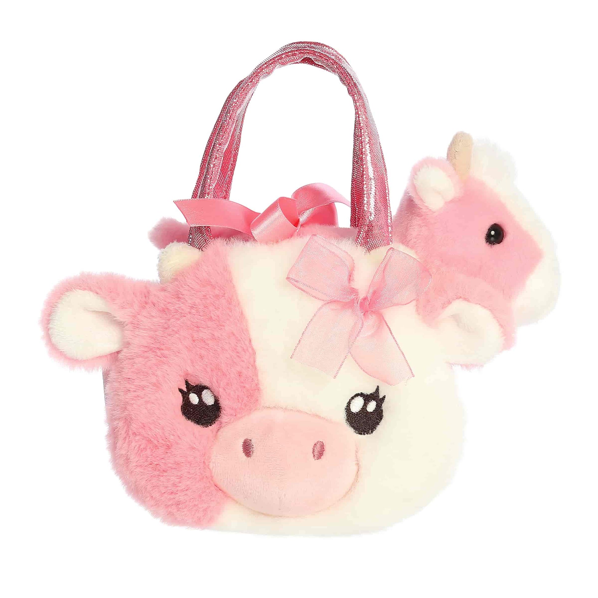 Aurora World Fancy Pals Fuzzy Face Strawberry Cow 8-Inch plush set featuring pink cow and matching carrier with sparkle handles.