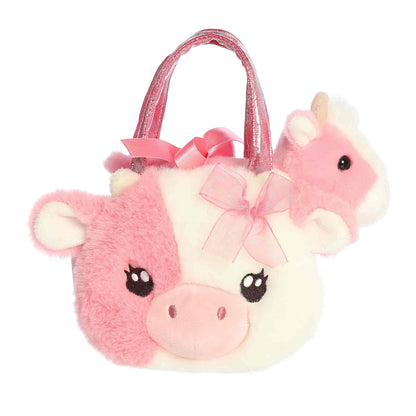 Aurora World Fancy Pals Fuzzy Face Strawberry Cow 8-Inch plush set featuring pink cow and matching carrier with sparkle handles.