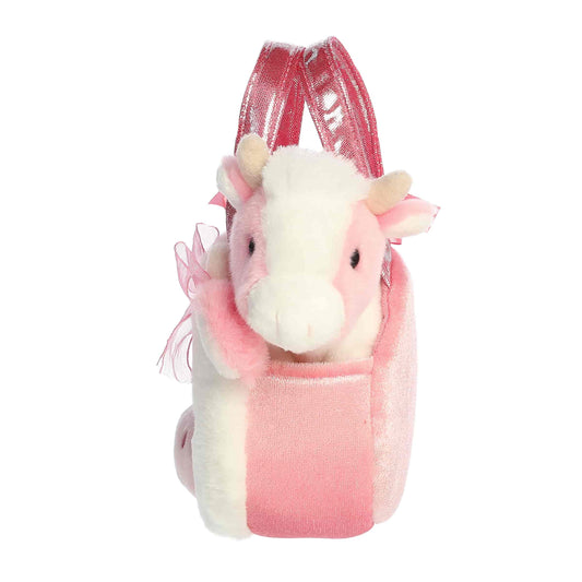 Aurora World Fancy Pals Fuzzy Face Strawberry Cow 8-Inch plush set featuring pink cow and matching carrier with sparkle handles.