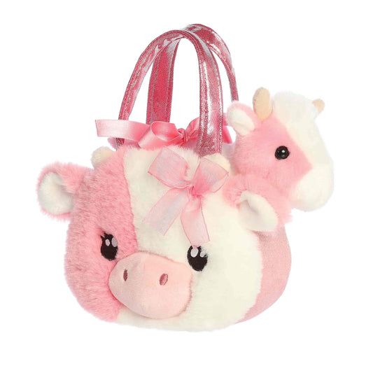 Aurora World Fancy Pals Fuzzy Face Strawberry Cow 8-Inch plush set featuring pink cow and matching carrier with sparkle handles.