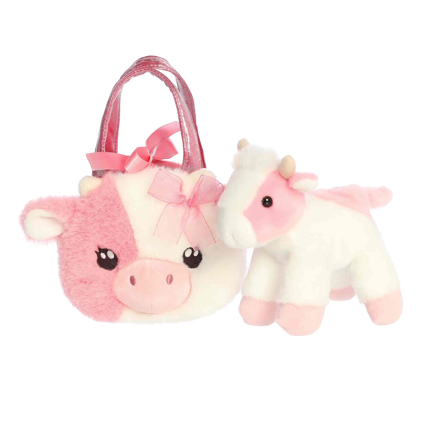Aurora World Fancy Pals Fuzzy Face Strawberry Cow 8-Inch plush set featuring pink cow and matching carrier with sparkle handles.